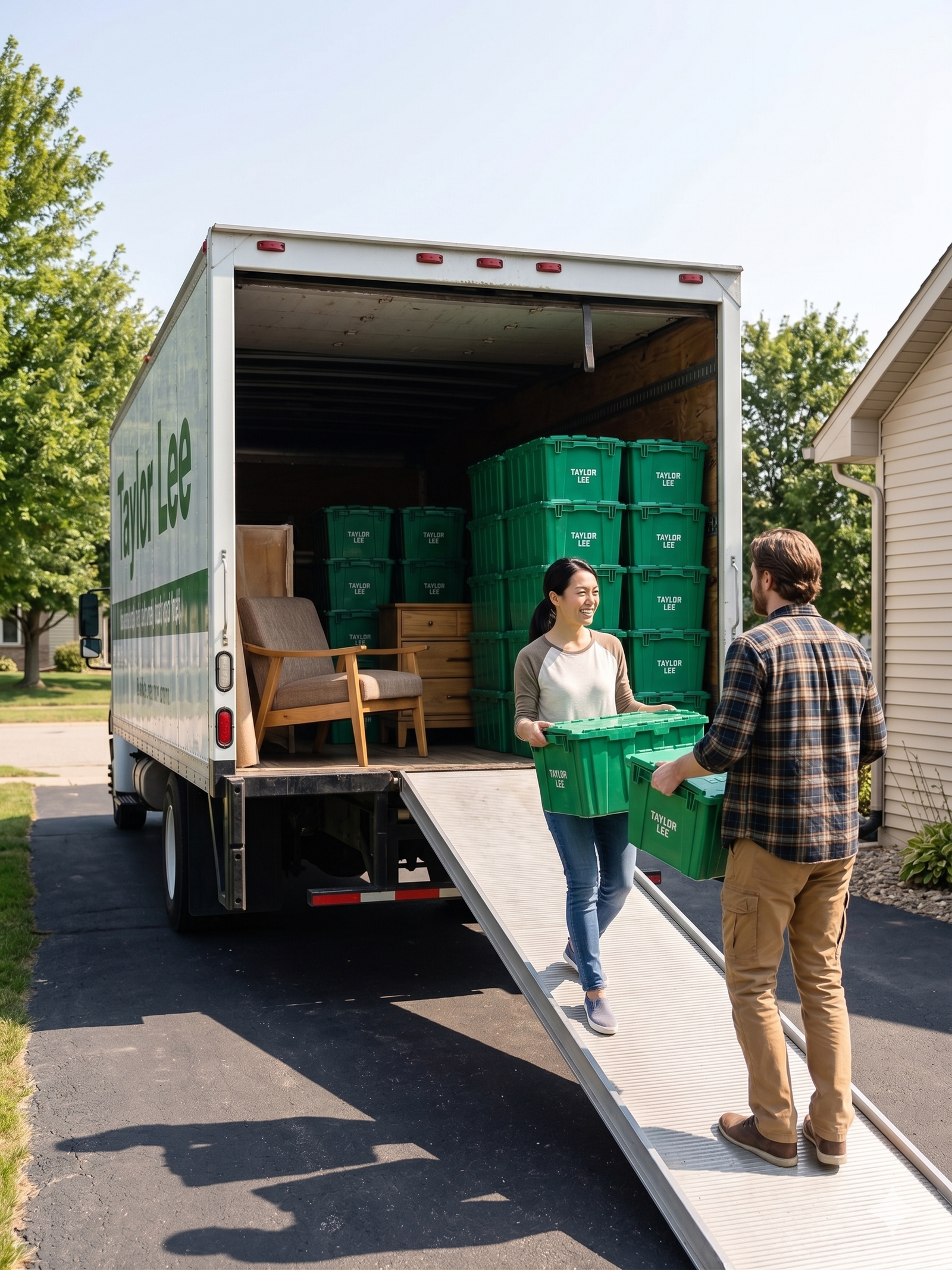 Couple loading Taylor Lee crates into a moving truck