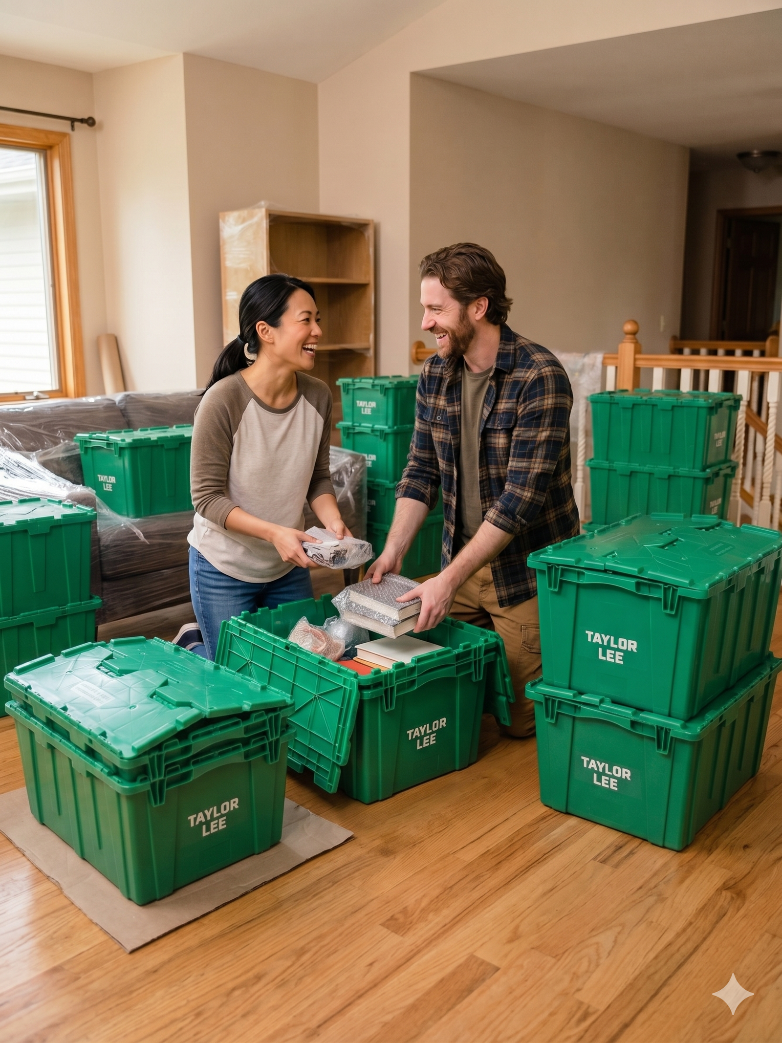 Couple packing belongings into Taylor Lee Moving Crates